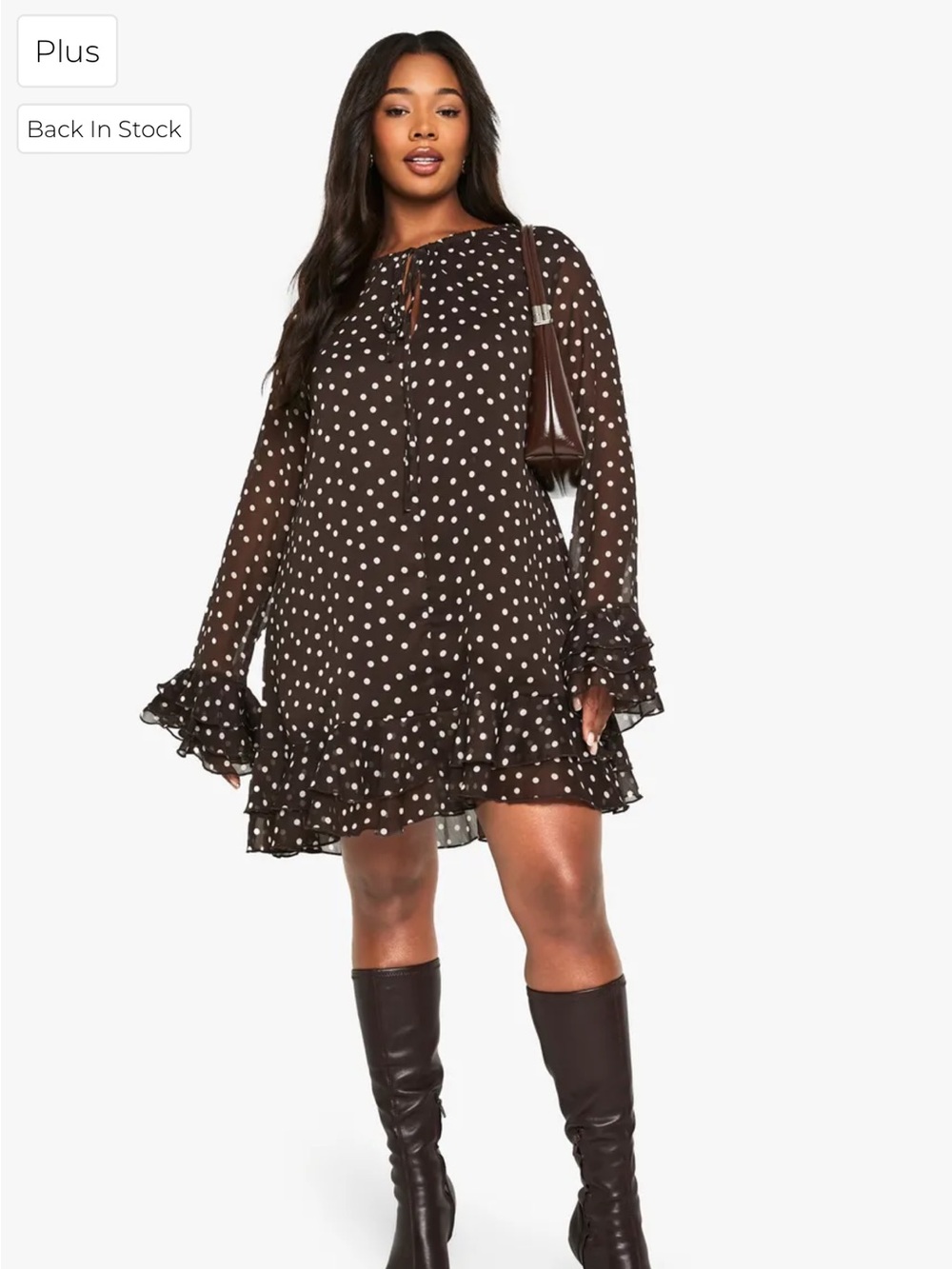 Boohoo Plus Brown Polka Dot Ruffle Hem Long Sleeve Dress